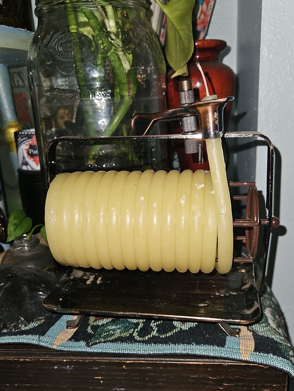 Vintage-Style Rolled Beeswax Candle on Metal Holder - Pale Yellow